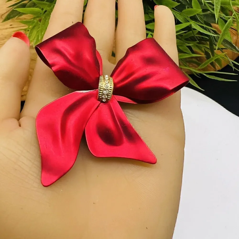 Vintage RED Metalic Satin Bow Ribbon Brooch Pin Crystal Accent Large Matte 1426